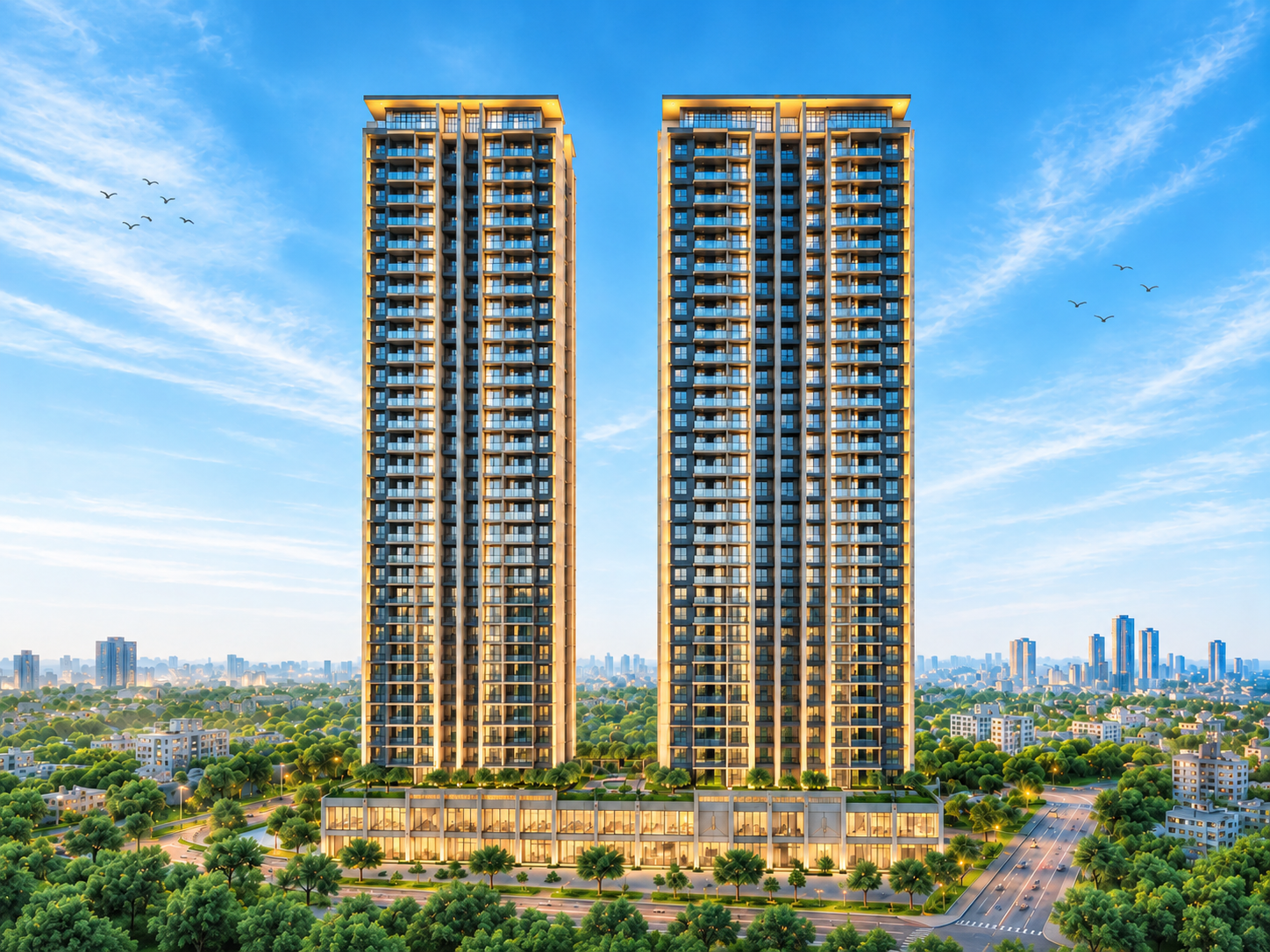Twin residential towers on a completed project site